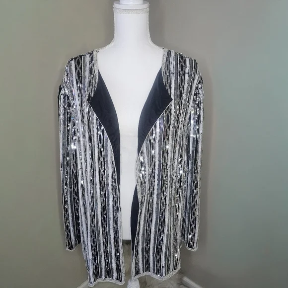 Papell Boutique Vintage 80s Black & Silver Beaded Sequin Silk Evening Jacket - Picture 3 of 13